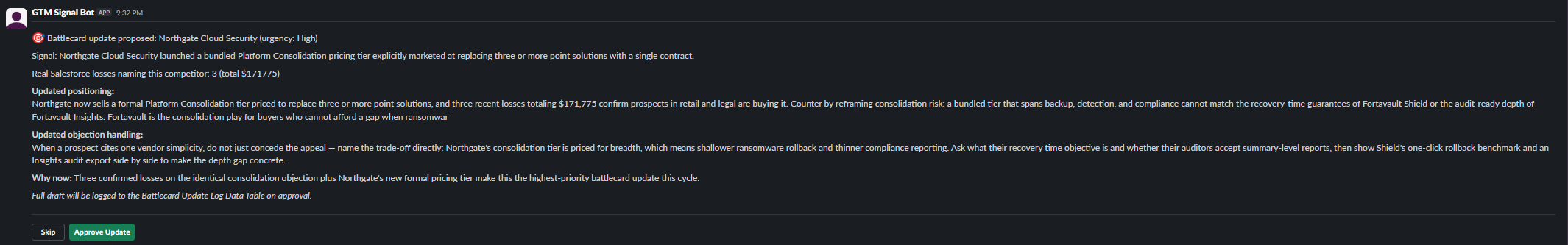 The real Battlecard Update approval post in Slack