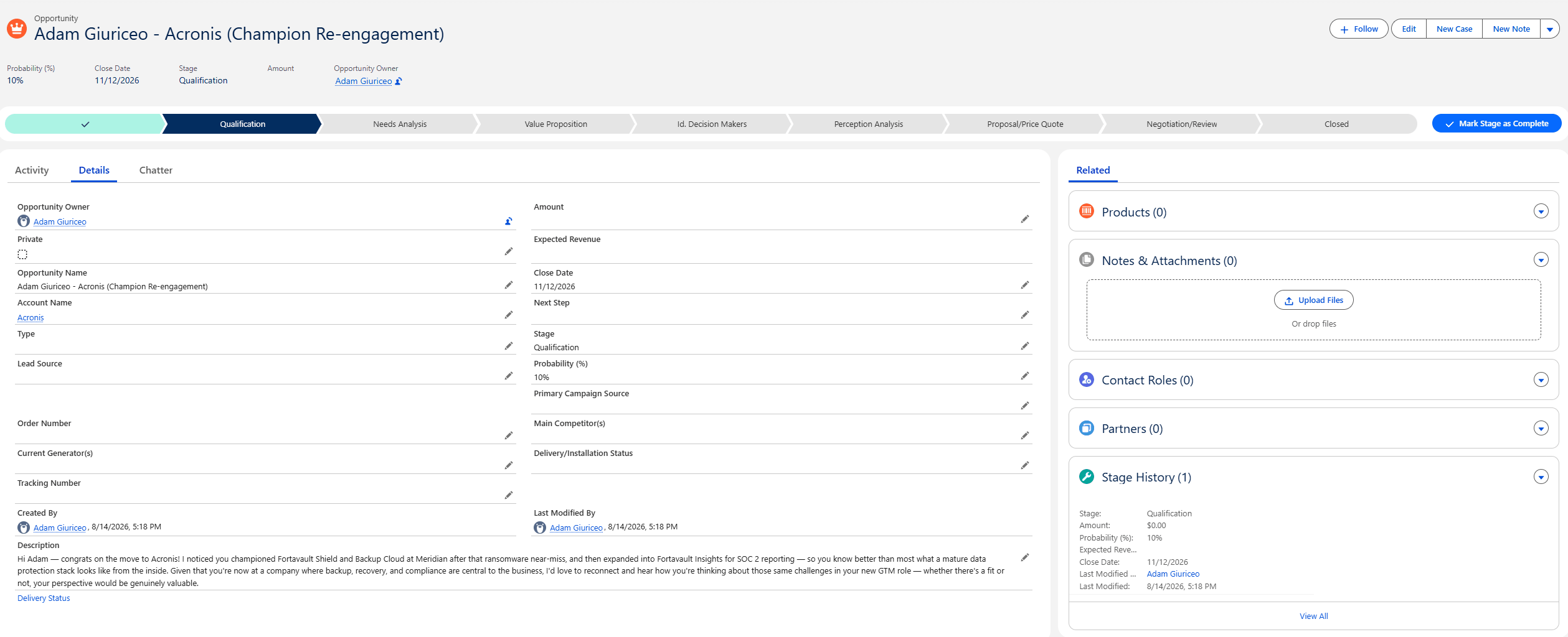 The new Salesforce Opportunity created after approval, with Claude's drafted angle in the description field