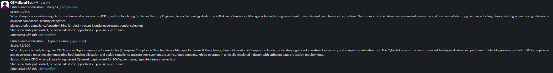 Real Slack nominations for Marqeta and Hippo Insurance posted by the workflow