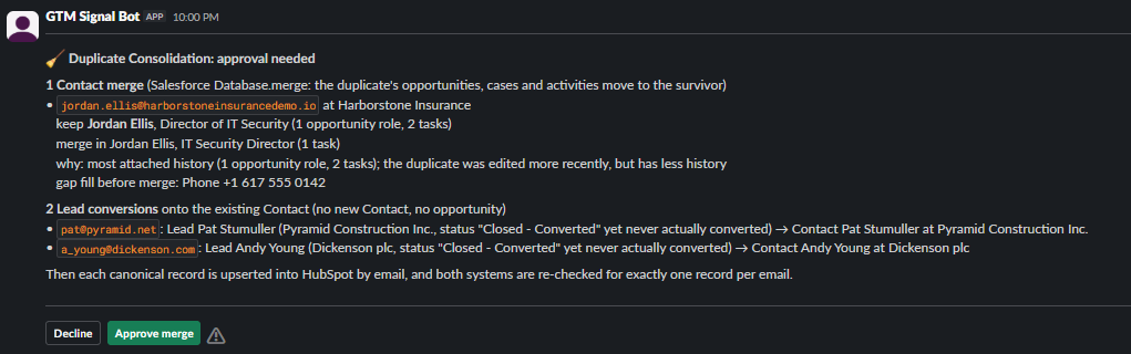 The Slack approval request for the merge