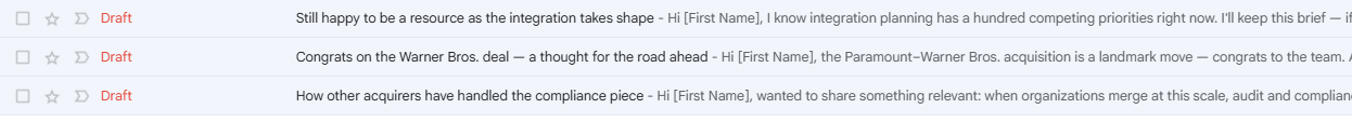 Three Gmail drafts created automatically from one approved angle