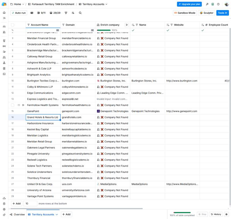 The real Clay table with 29 account domains enriched live