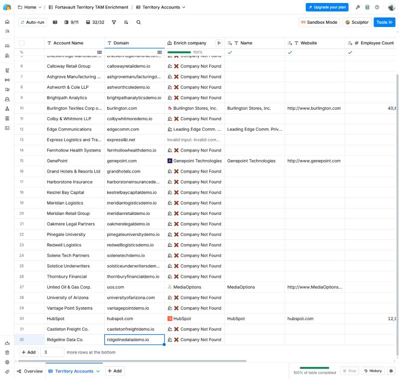 The real Clay table with HubSpot matched and two demo companies not found