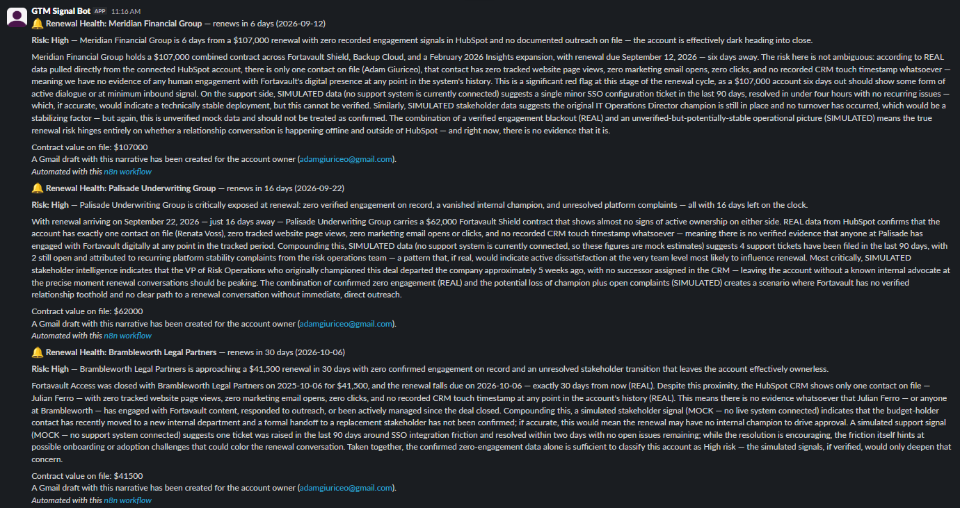 Real Slack posts from a live run of the Renewal Health Storyteller, one per at-risk account