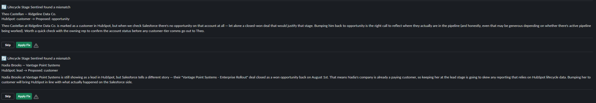 Two real lifecycle-stage mismatch approval messages posted to Slack