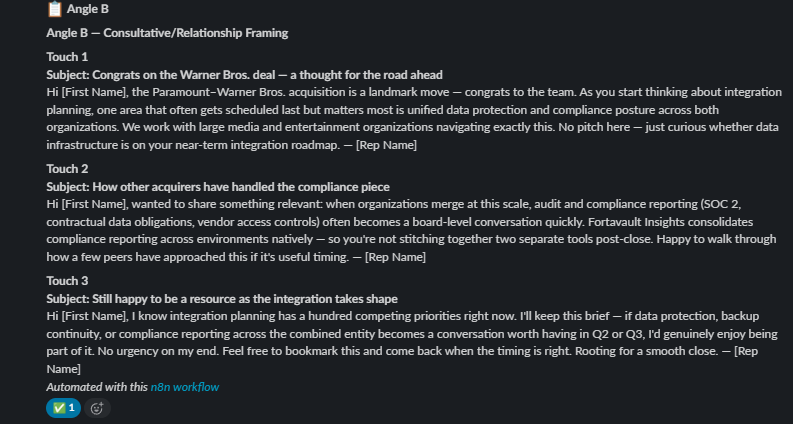 Angle B, consultative/relationship framing, posted to the Slack thread