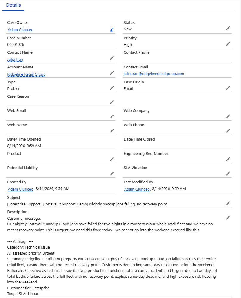 The Salesforce Case created from the triaged support email, with full case detail layout
