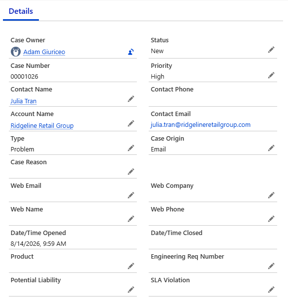 The Salesforce Case created from the triaged support email
